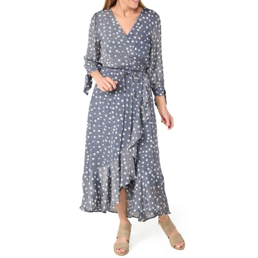 Harlow & Rose Gray Polka Dot Faux‎ Wrap Ruffle Maxi Dress NWT